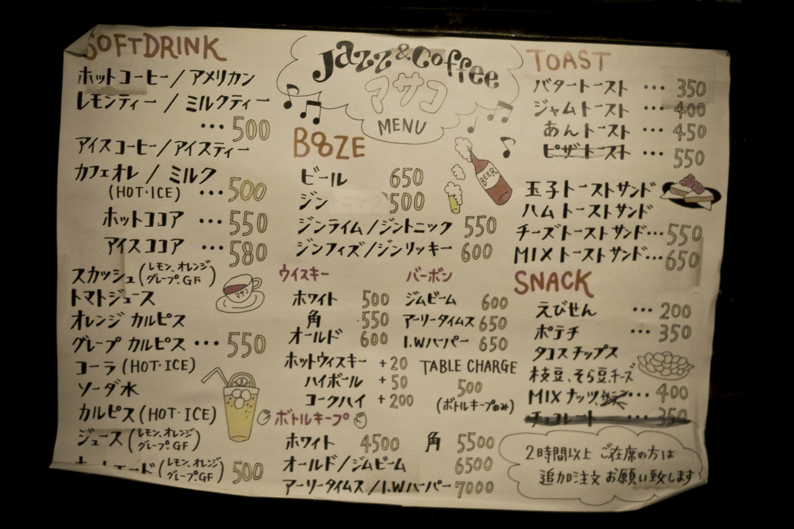 Japanese jazz listening bar menu